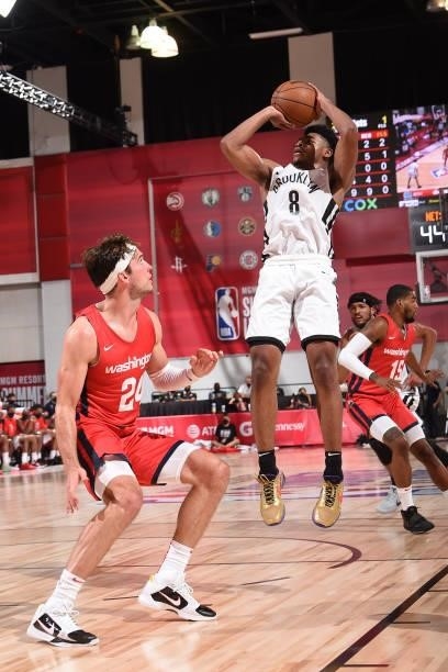 Cam Thomas of the Brooklyn Nets shoots the ball against the Washington Wizards during the 2021 Las Vegas Summer League on August 12, 2021 at the Cox...