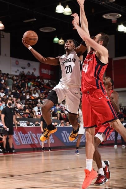 David Duke of the Brooklyn Nets drives to the basket against the Washington Wizards during the 2021 Las Vegas Summer League on August 12, 2021 at the...