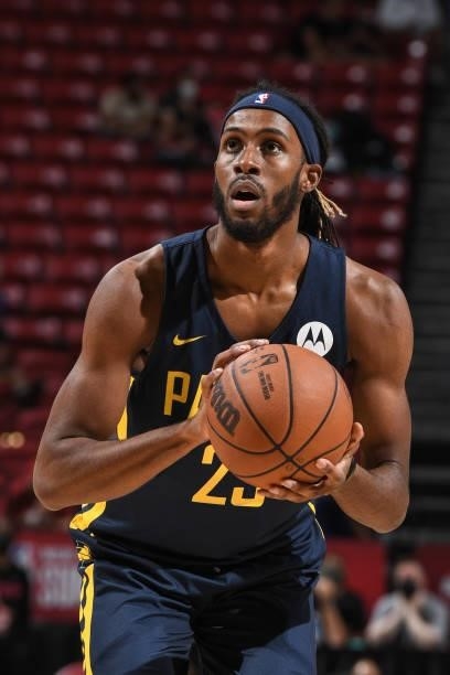 Isaiah Jackson of the Indiana Pacers shoots a free throw against the Portland Trail Blazers during the 2021 Las Vegas Summer League on August 9, 2021...