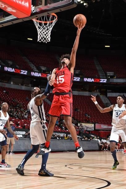 Ethan Thompson of the Chicago Bulls drives to the basket against the Minnesota Timberwolves during 2021 Las Vegas Summer League on August 12, 2021 at...