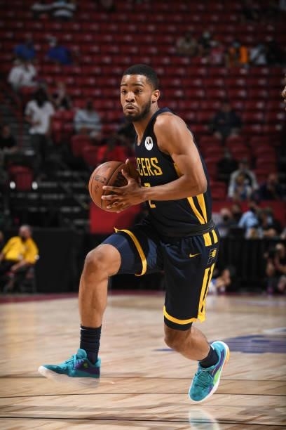 Cassius Stanley of the Indiana Pacers drives to the basket against the Portland Trail Blazers during the 2021 Las Vegas Summer League on August 9,...