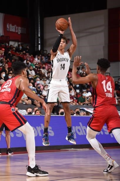Kessler Edwards of the Brooklyn Nets shoots a three point basket against the Washington Wizards during the 2021 Las Vegas Summer League on August 12,...