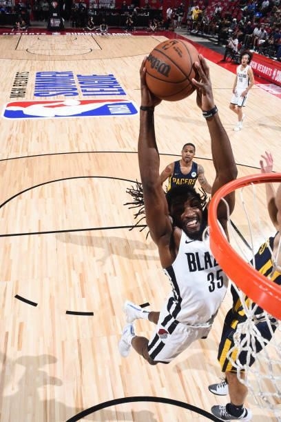 Kenneth Faried of the Portland Trail Blazers dunks the ball against the Portland Trail Blazers during the 2021 Las Vegas Summer League on August 9,...