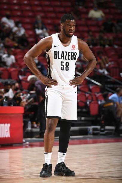 Emmanuel Mudiay of the Portland Trail Blazers looks on against the Indiana Pacers during the 2021 Las Vegas Summer League on August 9, 2021 at the...