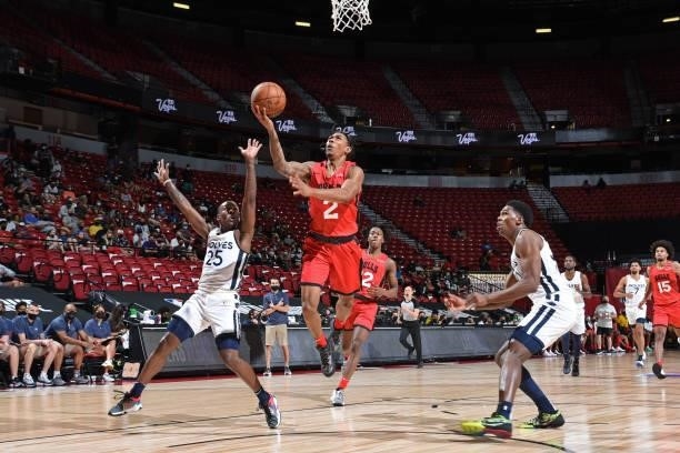 Jaylen Adams of the Chicago Bulls drives to the basket against the Minnesota Timberwolves during 2021 Las Vegas Summer League on August 12, 2021 at...
