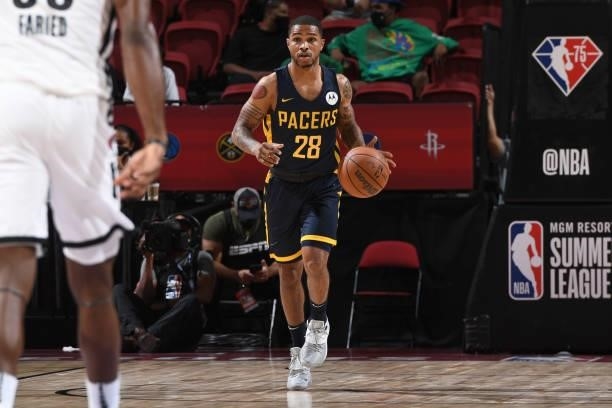 Keifer Sykes of the Indiana Pacers dribbles the ball against the Portland Trail Blazers during the 2021 Las Vegas Summer League on August 9, 2021 at...