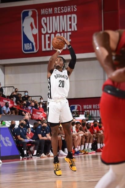 David Duke of the Brooklyn Nets shoots a three point basket against the Washington Wizards during the 2021 Las Vegas Summer League on August 12, 2021...