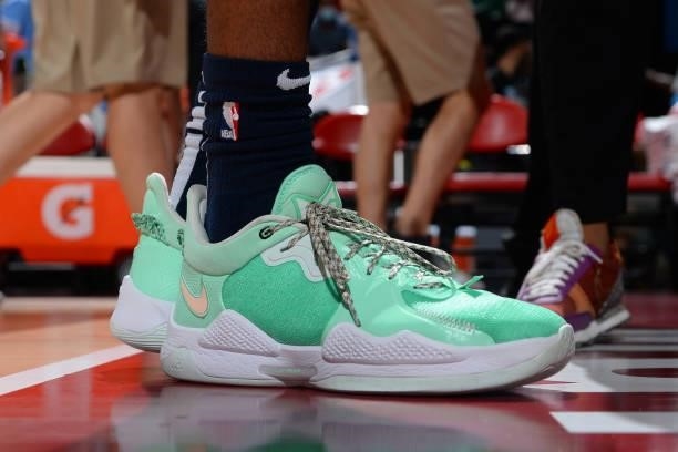 The sneakers worn by Jaden McDaniels of the Minnesota Timberwolves during the game against the Chicago Bulls during the 2021 Las Vegas Summer League...