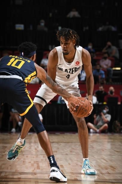 Greg Brown III of the Portland Trail Blazers looks to pass the ball against the Indiana Pacers during the 2021 Las Vegas Summer League on August 9,...