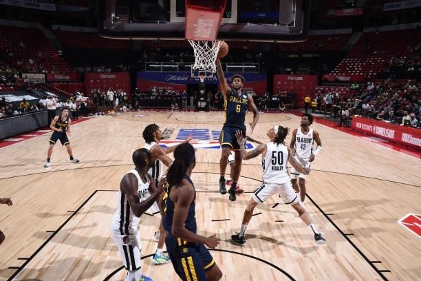 Tyrone Wallace of the Indiana Pacers drives to the basket against the Portland Trail Blazers during the 2021 Las Vegas Summer League on August 9,...