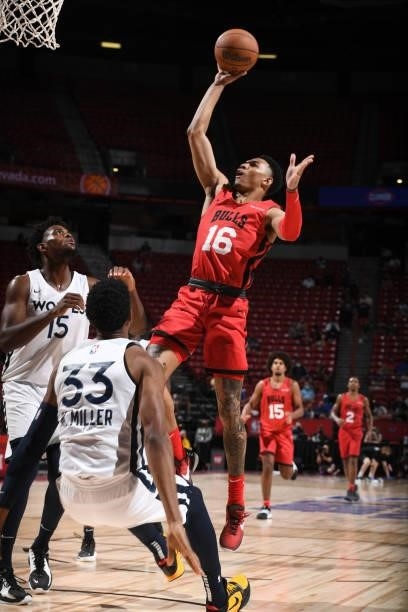 Tyler Bey of the Chicago Bulls shoots the ball against the Minnesota Timberwolves during the 2021 Las Vegas Summer League on August 12, 2021 at the...