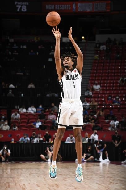 Greg Brown III of the Portland Trail Blazers shoots a three point basket against the Indiana Pacers during the 2021 Las Vegas Summer League on August...
