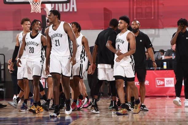 Brooklyn Nets smiles after winning the game against the Washington Wizards during the 2021 Las Vegas Summer League on August 12, 2021 at the Cox...