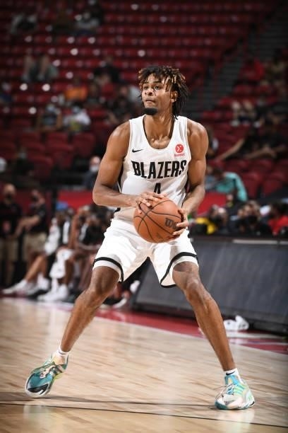Greg Brown III of the Portland Trail Blazers looks to shoots a three point basket against the Indiana Pacers during the 2021 Las Vegas Summer League...