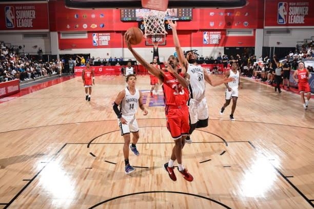 Austin Hollins of the Washington Wizards shoots the ball against the Brooklyn Nets during the 2021 Las Vegas Summer League on August 12, 2021 at the...