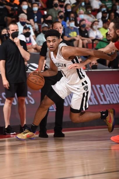Cam Thomas of the Brooklyn Nets drives to the basket against the Washington Wizards during the 2021 Las Vegas Summer League on August 12, 2021 at the...