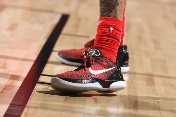 The sneakers worn by Tyler Bey of the Chicago Bulls during the game against the Minnesota Timberwolves during the 2021 Las Vegas Summer League on...