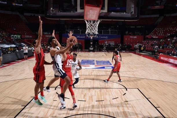 Brian Bowen II of the Minnesota Timberwolves shoots the ball against the Chicago Bulls during the 2021 Las Vegas Summer League on August 12, 2021 at...