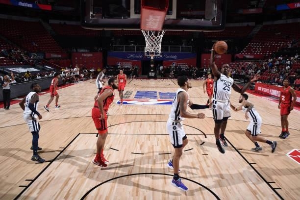 McKinley Wright IV of the Minnesota Timberwolves grabs the rebound against the Chicago Bulls during the 2021 Las Vegas Summer League on August 12,...
