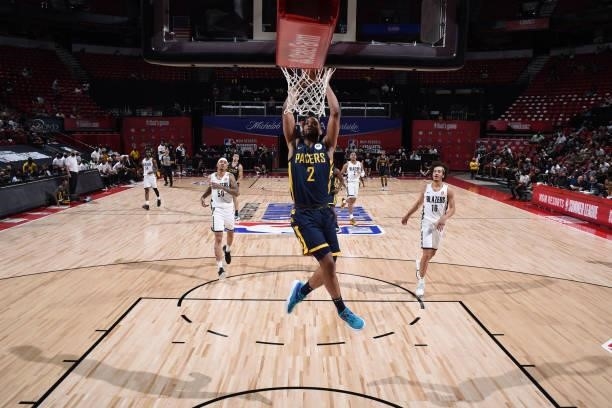 Cassius Stanley of the Indiana Pacers dunks the ball against the Portland Trail Blazers during the 2021 Las Vegas Summer League on August 9, 2021 at...