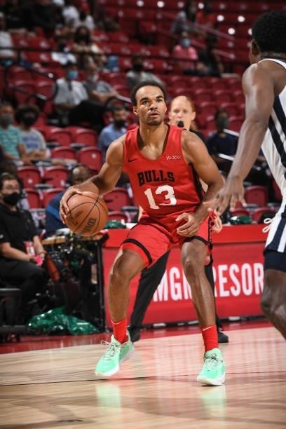 Jerome Robinson of the Chicago Bulls handles the ball against the Minnesota Timberwolves during the 2021 Las Vegas Summer League on August 12, 2021...