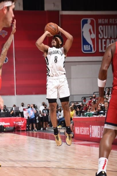 Cam Thomas of the Brooklyn Nets shoots a three point basket to win the game against the Washington Wizards during the 2021 Las Vegas Summer League on...
