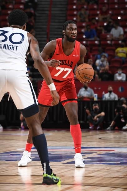 Simi Shittu of the Chicago Bulls looks to pass the ball against the Minnesota Timberwolves during the 2021 Las Vegas Summer League on August 12, 2021...