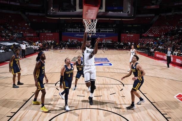 Emmanuel Mudiay of the Portland Trail Blazers drives to the basket against the Indiana Pacers during the 2021 Las Vegas Summer League on August 9,...