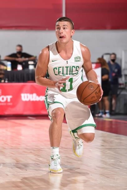 Payton Pritchard of the Boston Celtics handles the ball against the Orlando Magic during the 2021 Las Vegas Summer League on August 12, 2021 at the...