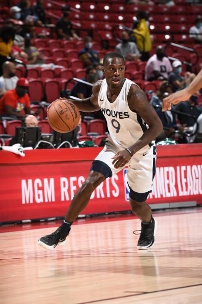 Isaiah Miller of the Minnesota Timberwolves handles the ball against the Chicago Bulls during the 2021 Las Vegas Summer League on August 12, 2021 at...
