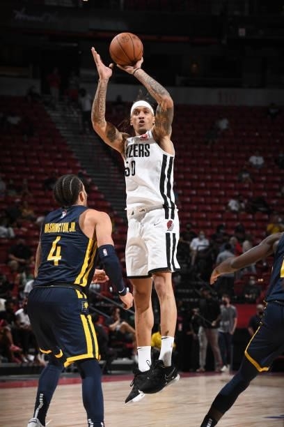 Michael Beasley of the Portland Trail Blazers shoots a three point basket against the Indiana Pacers during the 2021 Las Vegas Summer League on...