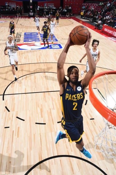 Cassius Stanley of the Indiana Pacers dunks the ball against the Portland Trail Blazers during the 2021 Las Vegas Summer League on August 9, 2021 at...