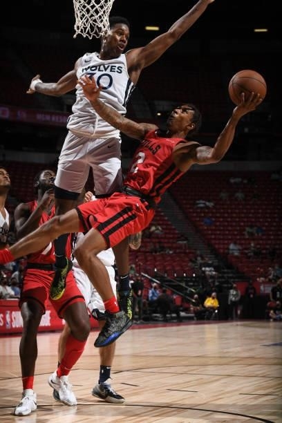 Jaylen Adams of the Chicago Bulls shoots the ball against the Minnesota Timberwolves during the 2021 Las Vegas Summer League on August 12, 2021 at...