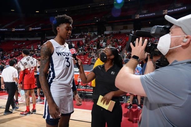 Reporter, Angel Gray interviews Jaden McDaniels of the Minnesota Timberwolves after the game against the Chicago Bulls during the 2021 Las Vegas...