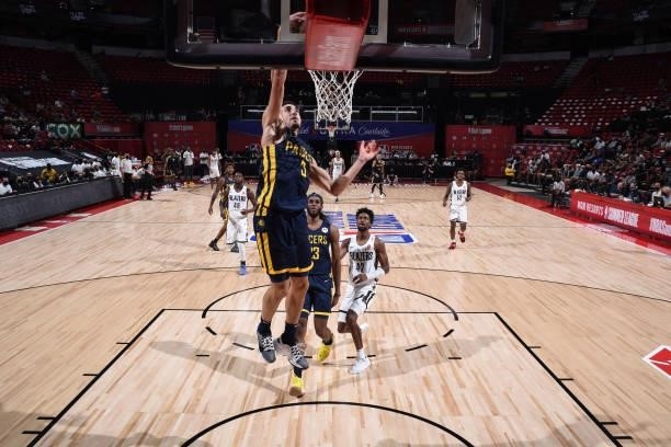 Chris Duarte of the Indiana Pacers drives to the basket against the Portland Trail Blazers during the 2021 Las Vegas Summer League on August 9, 2021...