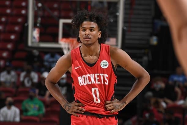 Jalen Green of the Houston Rockets looks on during the game against the Toronto Raptors during the 2021 Las Vegas Summer League on August 12, 2021 at...