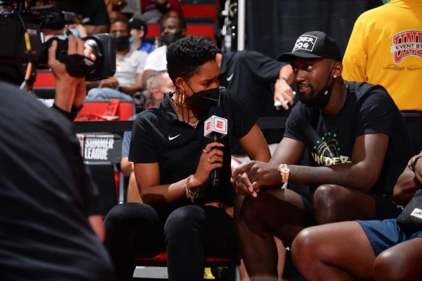 Reporter, Monica McNutt interviews Bobby Portis of the Milwaukee Bucks during the game between the LA Clippers and the Milwaukee Bucks during the...