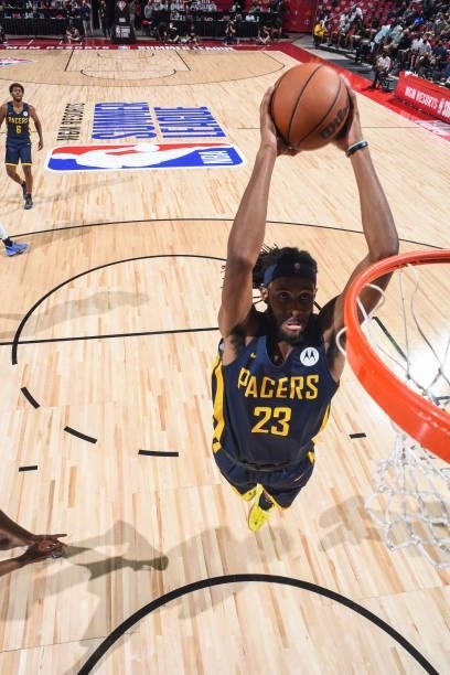 Isaiah Jackson of the Indiana Pacers dunks the ball against the Portland Trail Blazers during the 2021 Las Vegas Summer League on August 9, 2021 at...