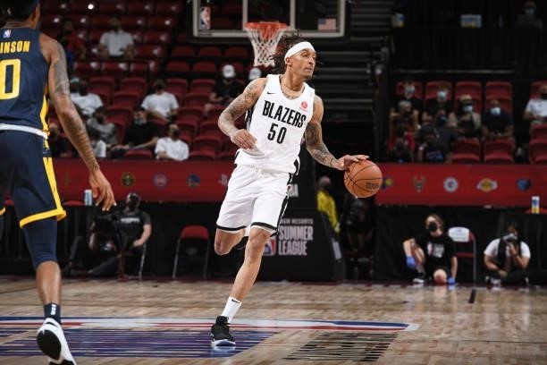 Michael Beasley of the Portland Trail Blazers dribbles the ball against the Indiana Pacers during the 2021 Las Vegas Summer League on August 9, 2021...