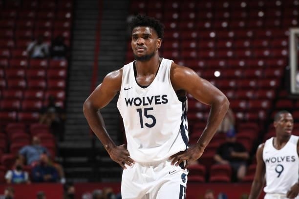 John Egbunu of the Minnesota Timberwolves looks on during the game against the Chicago Bulls during the 2021 Las Vegas Summer League on August 12,...