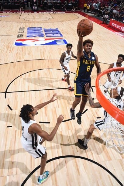Tyrone Wallace of the Indiana Pacers drives to the basket against the Portland Trail Blazers during the 2021 Las Vegas Summer League on August 9,...