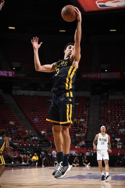 Chris Duarte of the Indiana Pacers rebounds the ball against the Portland Trail Blazers during the 2021 Las Vegas Summer League on August 9, 2021 at...