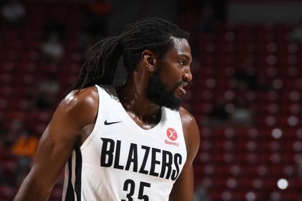 Kenneth Faried of the Portland Trail Blazers looks on against the Indiana Pacers during the 2021 Las Vegas Summer League on August 9, 2021 at the...