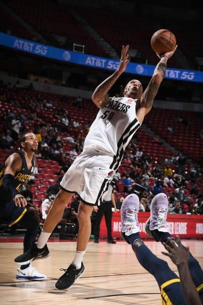 Michael Beasley of the Portland Trail Blazers drives to the basket against the Indiana Pacers during the 2021 Las Vegas Summer League on August 9,...