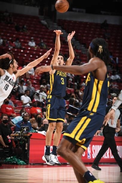 Chris Duarte of the Indiana Pacers shoots a three point basket against the Portland Trail Blazers during the 2021 Las Vegas Summer League on August...