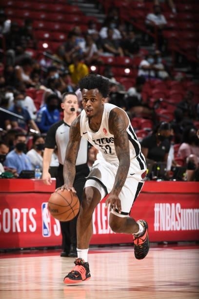Antonio Blakeney of the Portland Trail Blazers drives to the basket against the Indiana Pacers during the 2021 Las Vegas Summer League on August 9,...
