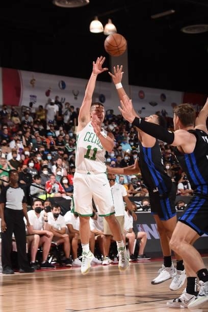 Payton Pritchard of the Boston Celtics passes the ball against the Orlando Magic during the 2021 Las Vegas Summer League on August 12, 2021 at the...