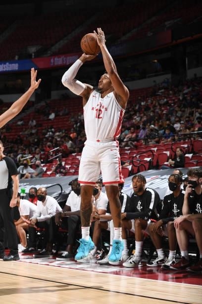Ishmail Wainright of the Toronto Raptors shoots the ball against the Houston Rockets during the 2021 Las Vegas Summer League on August 12, 2021 at...