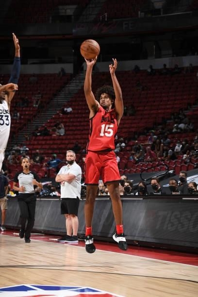 Ethan Thompson of the Chicago Bulls shoots a 3-pointer against the Minnesota Timberwolves during the 2021 Las Vegas Summer League on August 12, 2021...
