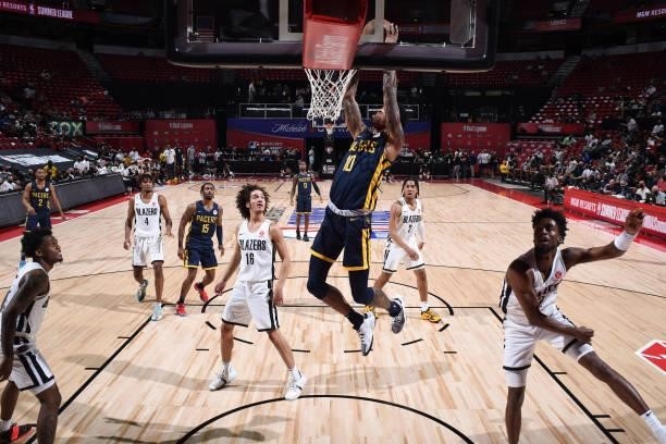Devin Robinson of the Indiana Pacers dunks the ball against the Portland Trail Blazers during the 2021 Las Vegas Summer League on August 9, 2021 at...